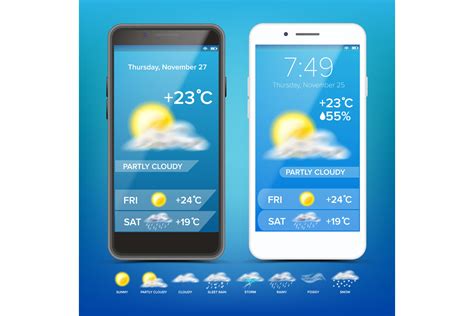 Weather Forecast App Vector. Realistic Smartphone. Weather App With ...