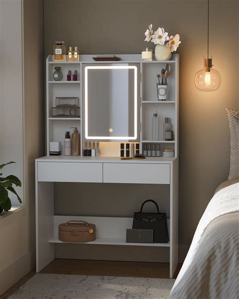 Coiffeuse avec Miroir LED, 3 Couleurs, 2 Tiroirs, Style Moderne, 90 x ...