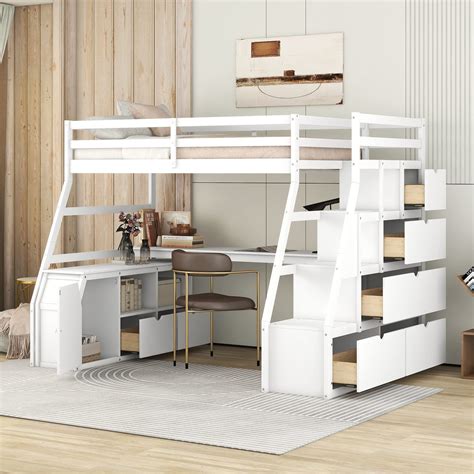 Twin Loft Bed with Desk & Storage Stairs Wood Loft Beds with Cabinet ...