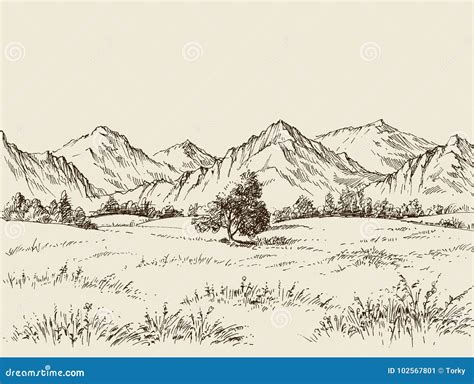 Prairie and Mountains Drawing Stock Vector - Illustration of rock ...