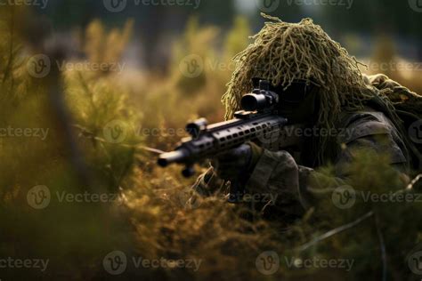 Sniper wearing a ghillie suit designed for autumn environments ...