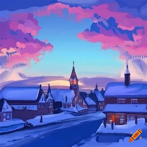 Drawing of a winter village under the sky on Craiyon