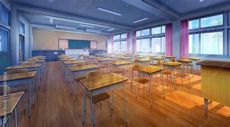 High school classroom in the daytime, Anime background, 2D illustration ...