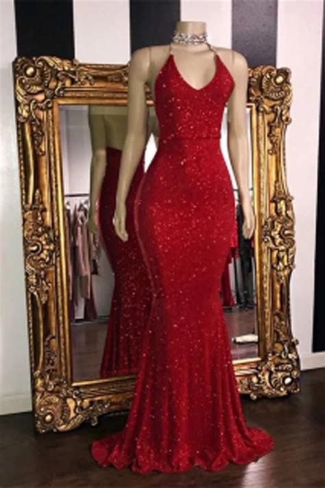 Simple V Neck Red Glitter Sequins Prom Dresses Mermaid Halter Backless ...