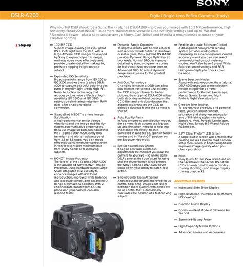 Sony DSLR A200 User Manual Marketing Specifications (DSLR A200 ...