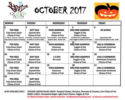 New School Lunch Menu for October! – St. Anne School