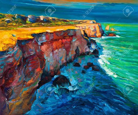 Original abstract oil painting of cliffs and ocean on canvas.Modern ...