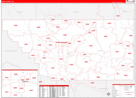 Kern County, CA Zip Code Wall Map Red Line Style by MarketMAPS - MapSales