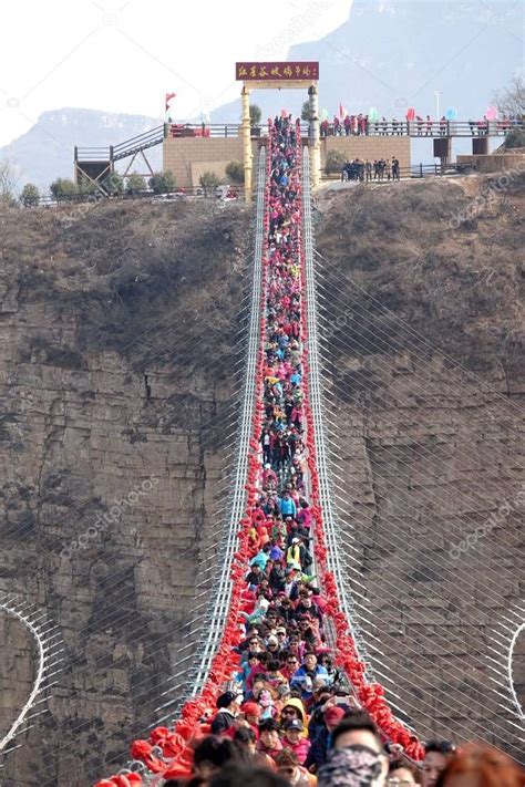 Tourists Throng Walk World Longest Glass Bridge Hongyagu Scenic Area ...