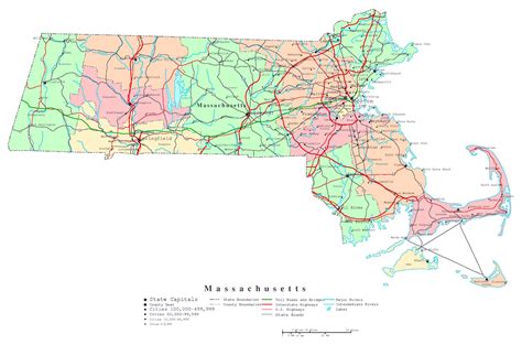 Large detailed administrative map of Massachusetts state with roads ...