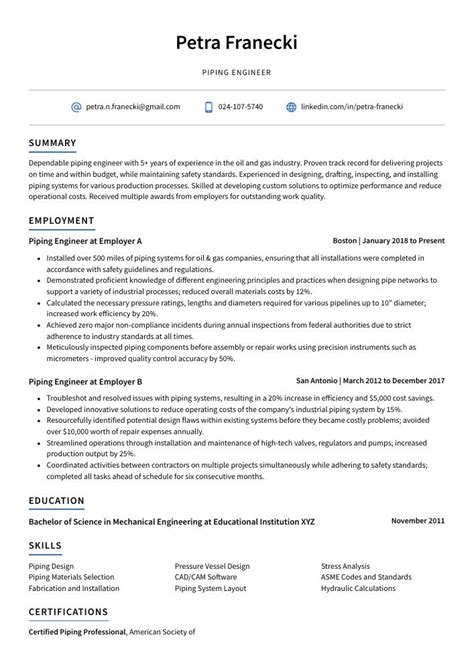 Piping Engineer Resume (CV) Example and Writing Guide