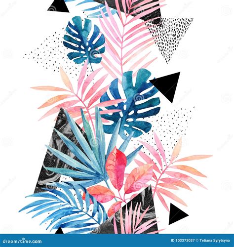 Modern Art Illustration With Tropical Leaves, Grunge, Marbling Textures ...