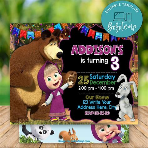 Editable Masha and the Bear Birthday Invitations Instant Download ...