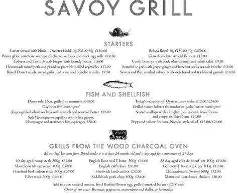 Menu at Savoy Grill restaurant, London