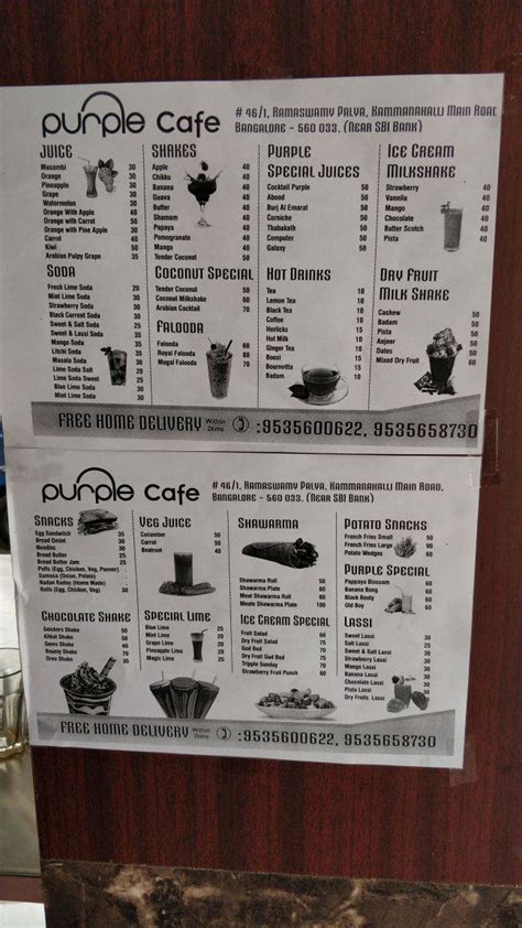 Menu at Purple Cafe, Bengaluru, 46/1