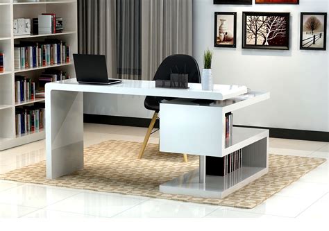 White Matte Finished Office Desk with S Shaped Bookcase Seattle ...