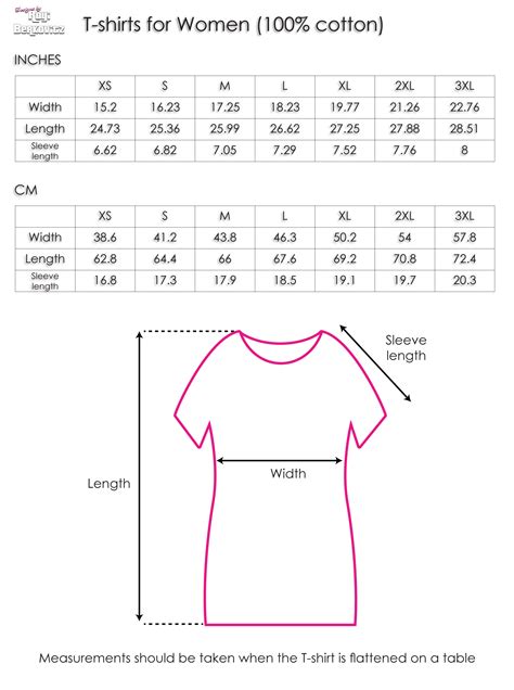 Size Chart - T-shirts for Women | Designs by Royi .B.