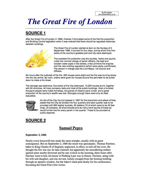 The Great Fire of London Task Sources Worksheet - Free PDF