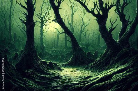 Realistic haunted spooky forest, creepy landscape at night. Fantasy ...