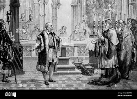 Galileo's trial. Engraving of Italian astronomer Galileo Galilei's ...