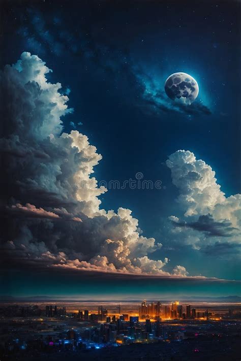 Painting of Night Sky with Clouds and Full Moon. Generative AI. Stock ...