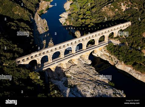 France, Gard, Pont du Gard, UNESCO World Heritage, Roman aqueduct stepping over the Gardon river ...