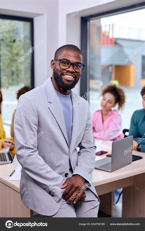 Portrait African American Man Suit Standing Busy Creative Office Caucasian Stock Photo by ...