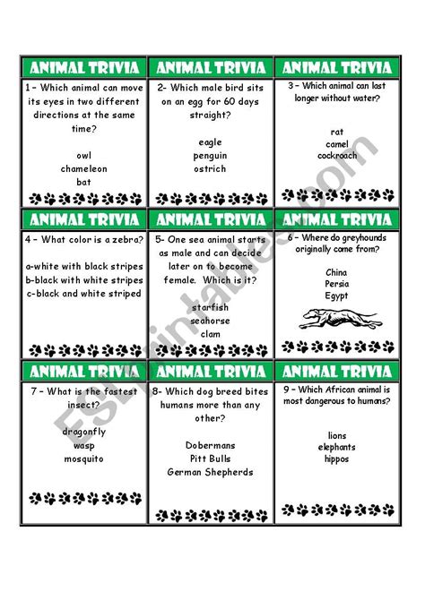 Animal Trivia Game - ESL worksheet by EstherLee76