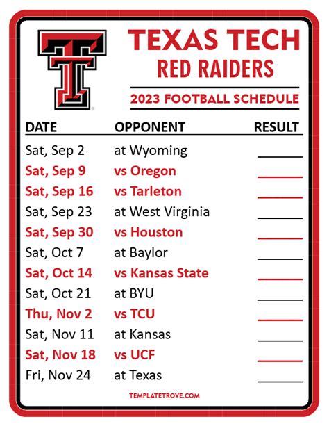 Printable 2023 Texas Tech Red Raiders Football Schedule