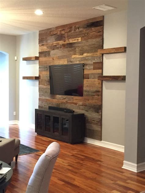 orlando barn wood accent wall with shelves | Accent walls in living ...