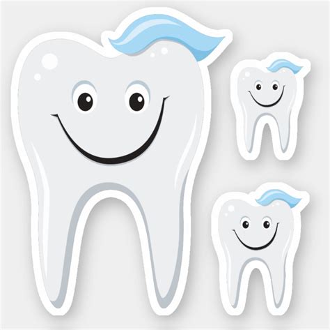 Sticker featuring a happy cartoon tooth with blue tooth paste. Set of ...