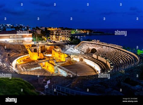 Roman Amphitheatre at night, Tarraco (Tarragona), UNESCO World Heritage ...