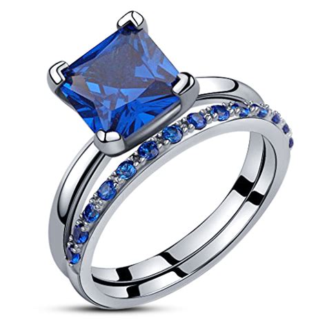 Princess Cut Blue Sapphire Engagement Ring Set 14k White Gold Finish ...