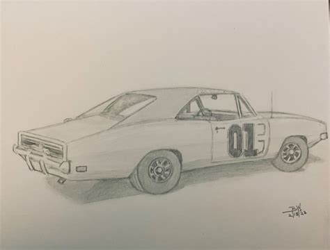 1969 DODGE CHARGER PENCIL DRAWING 11x14 GENERAL LEE ORIGINAL PORTRAIT ...