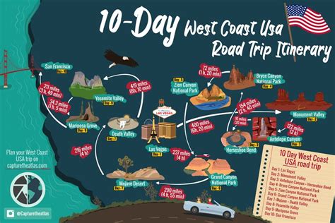 10-day west coast usa road trip itinerary infography map capture the atlas