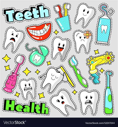 Funny Teeth and Dentistry Elements Stickers Vector Image