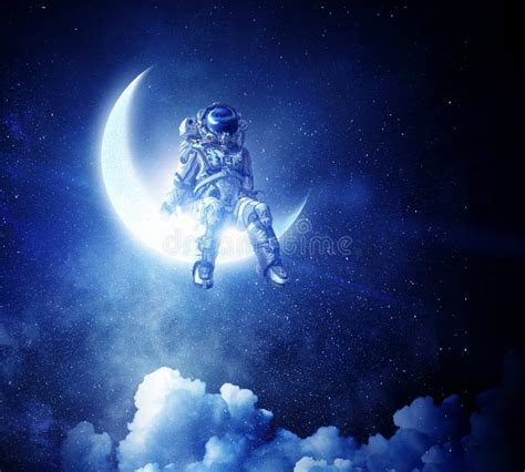 Astronaut Sit on Crescent Moon. Mixed Media Stock Image - Image of ...