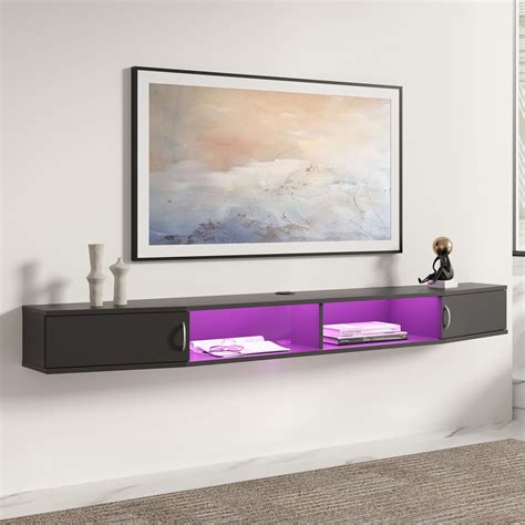 Floating TV Stand Wall Mounted Shelf with 16 LED Lights, Wood Media ...