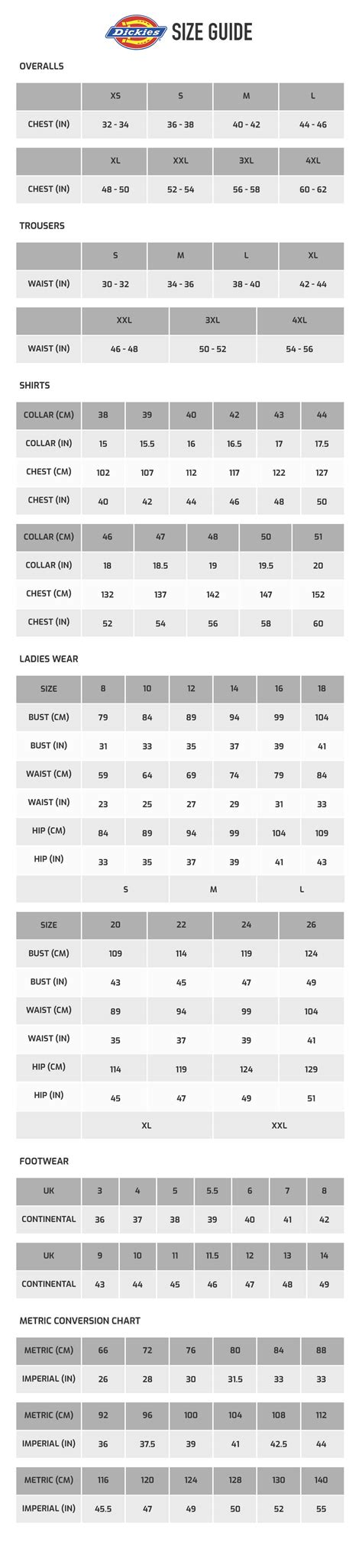 Dickies Workwear Size Chart - Greenbushfarm.com