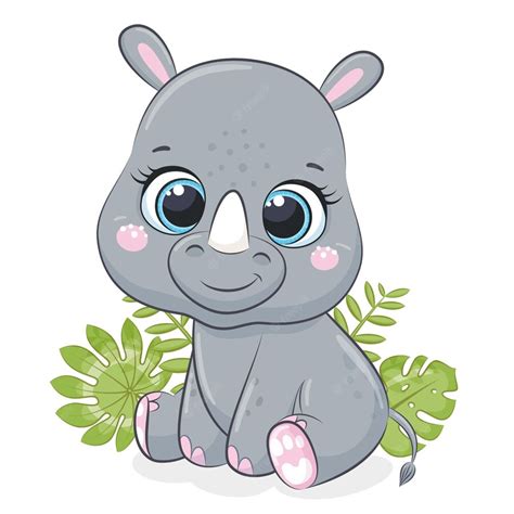 Premium Vector | Cute baby rhino with tropical leaves. vector illustration.