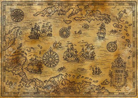 Old map of the Caribbean Sea with decorative and fantasy elements ...