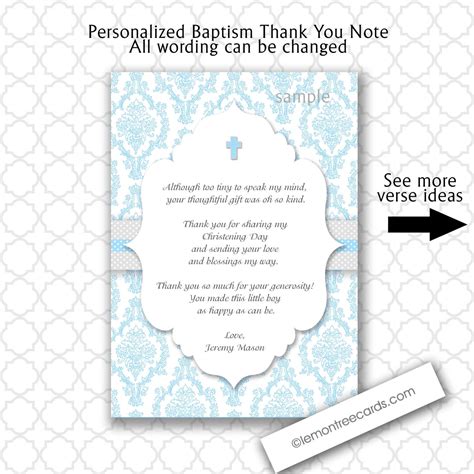 Blue Damask Baptism Thank you notes with poem / customizable