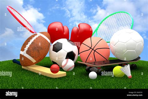 Recreation leisure sports equipment on grass with a football Stock ...