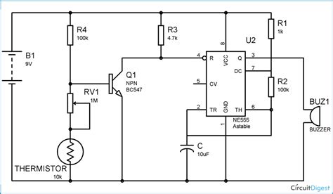 Fire Alarm Circuit Diagram using Thermistor and 555 Timer IC