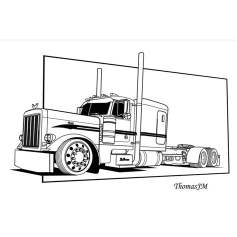 a black and white drawing of a semi truck