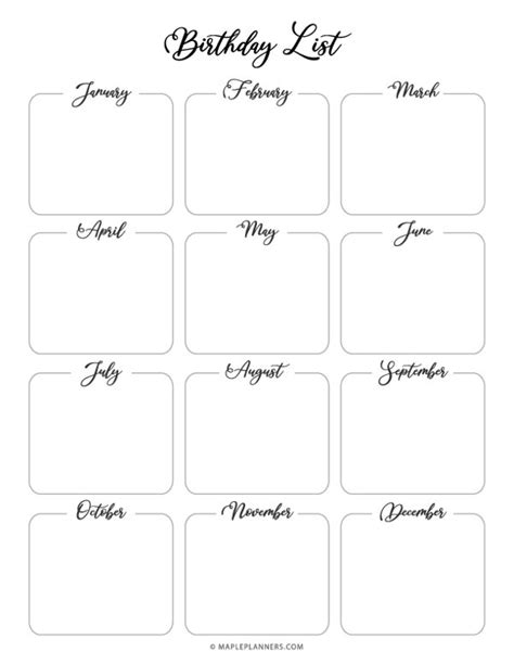 Free Birthday List Printable