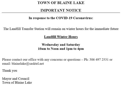 Spring Transfer Station Hours – Blaine Lake, Saskatchewan