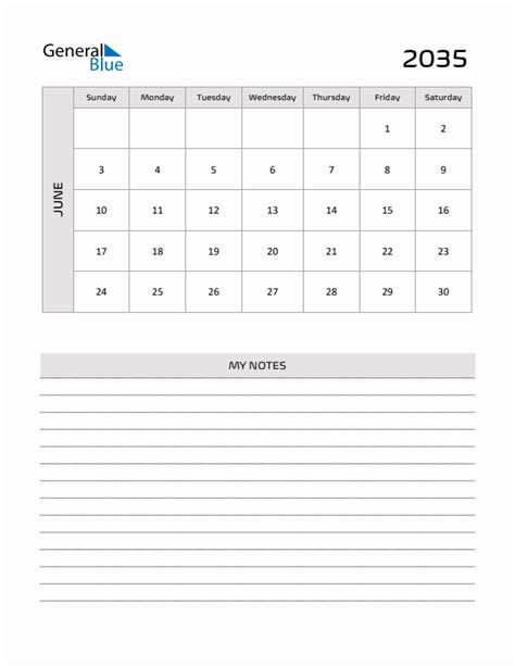 June 2035 Printable Monthly Calendar with Notes