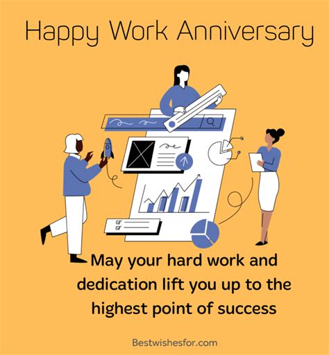 two people standing around a desk with the words happy work anniversary