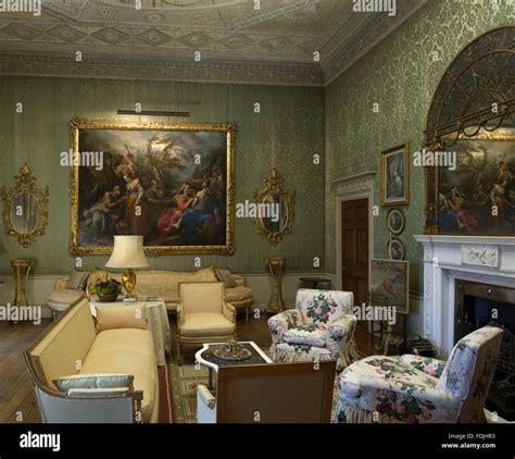 The Green Drawing Room at Basildon Park, Berkshire. The damask on the ...